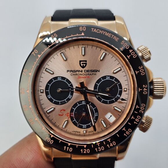 Pagani Design Watch Men's 40MM Gold Dial Black Plastic Red Orange Canvas Bands - Picture 5 of 16